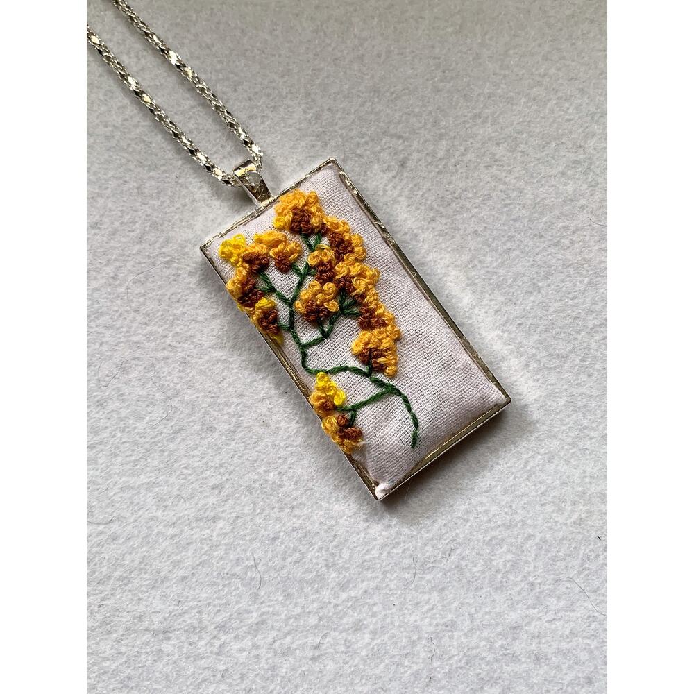 Handmade Embroidered Yellow Necklace in Rectangle Bezel - Picture 5 of 5